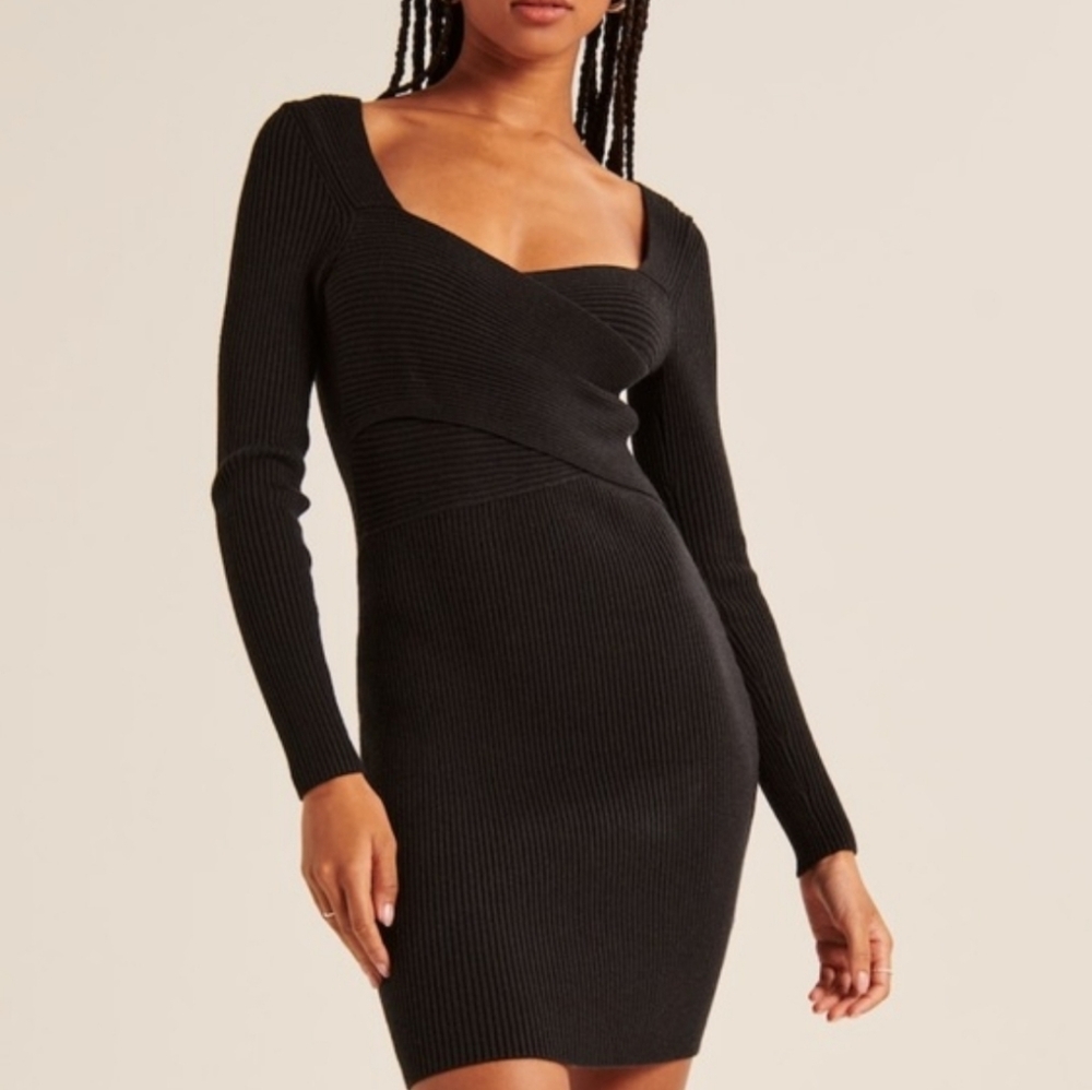 Abercrombie & Fitch Black Ribbed Crossover Front Sweater Mini-Dress, Size Large - Picture 10 of 11